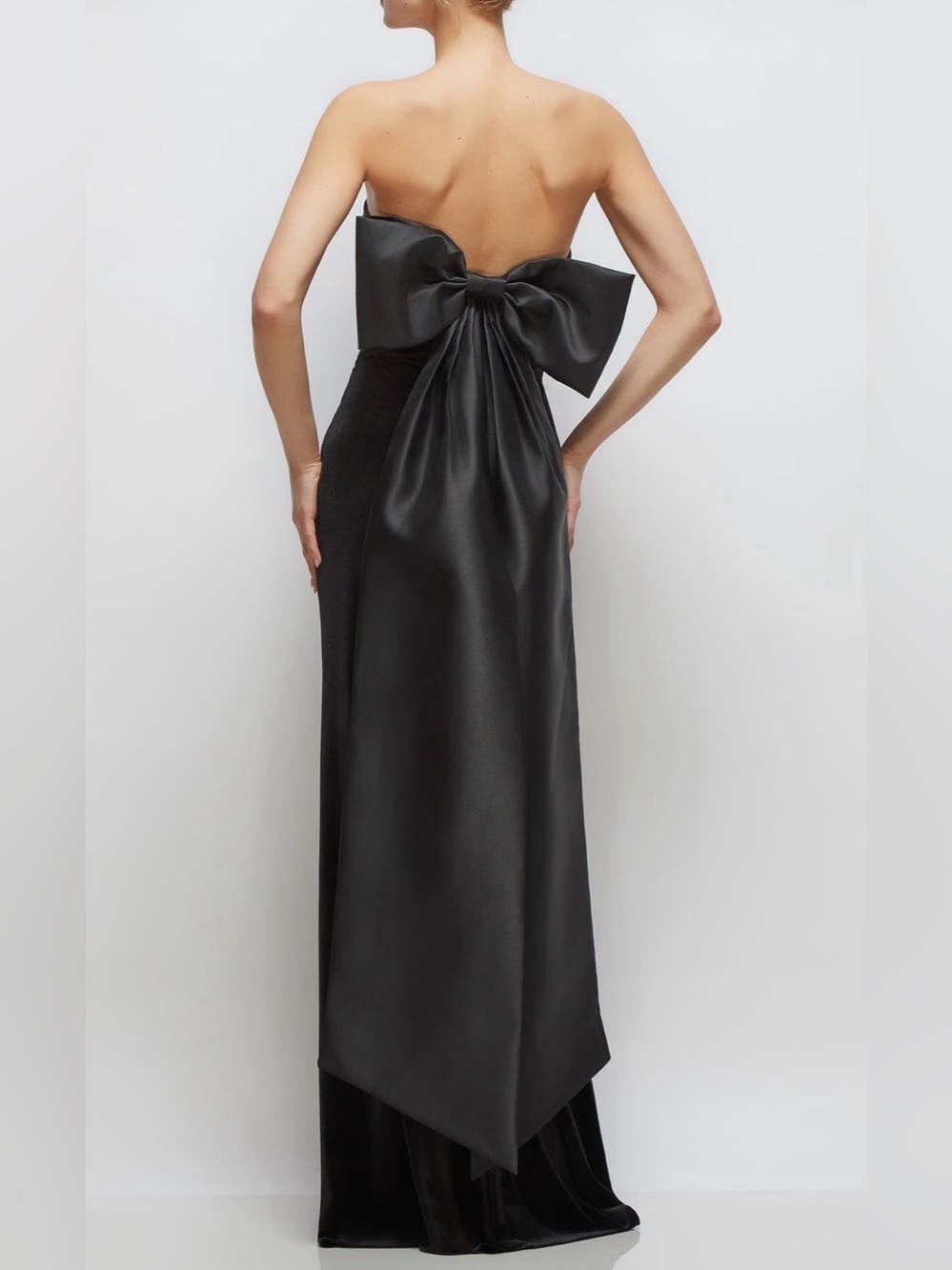 After Six Black Velvet Strapless Gown with Dramatic Satin Back Bow NWT